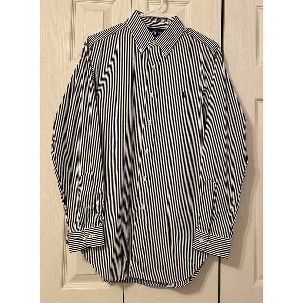 Ralph Lauren Mens Navy Stripe long Sleeve Button Down Shirt Size 15 1/2 32/33